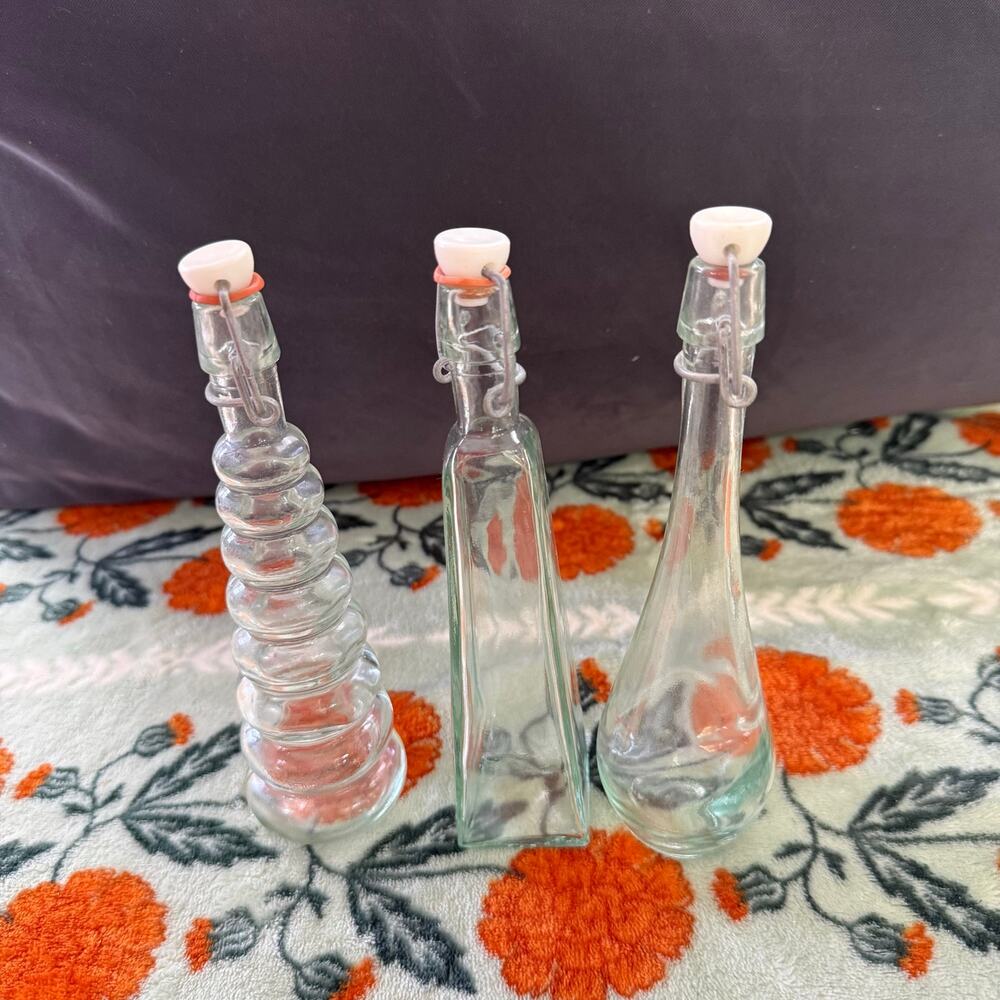 3 Glass Bottles Cruets Narrow Clear Swing Top Lids Decorative Vase Kitchen Decor